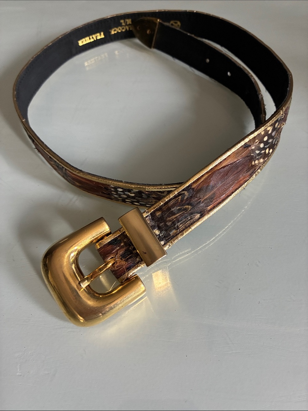 Vintage Unique Genuine Peacock Feather Brown Leather Belt with Gold Buckle